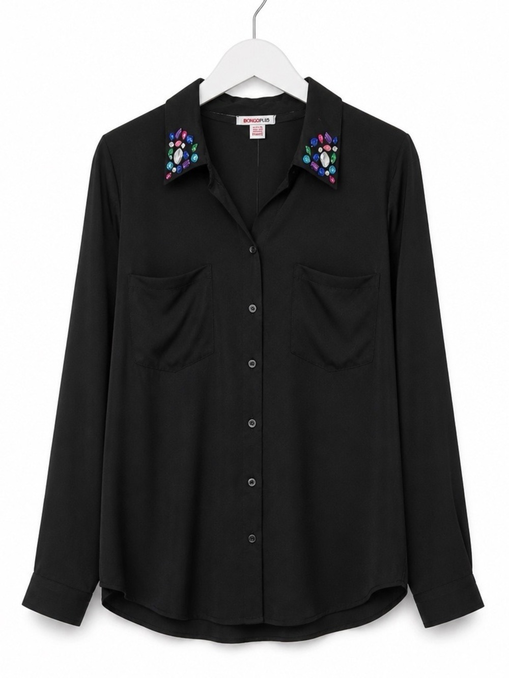 Bongo Plus Women’s 2X Black Button-Up Blouse Jeweled Collar Long Sleeve Y2K